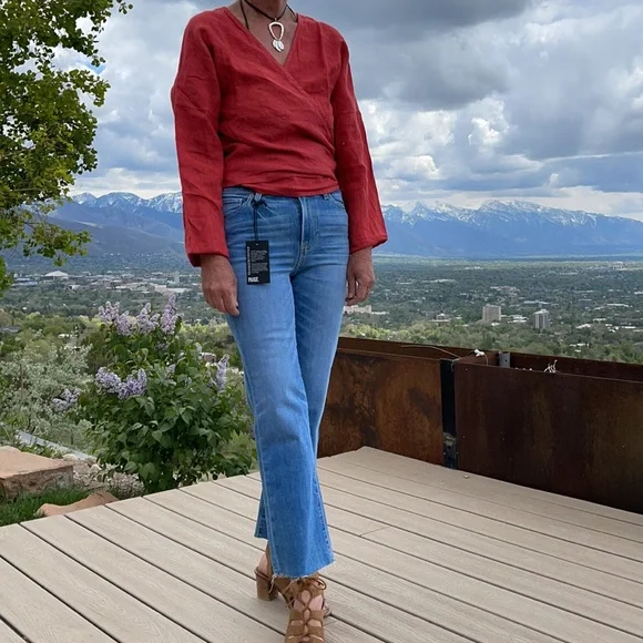 100% coral red linen wrap top. New with tags from Sundance. - Picture 2 of 5